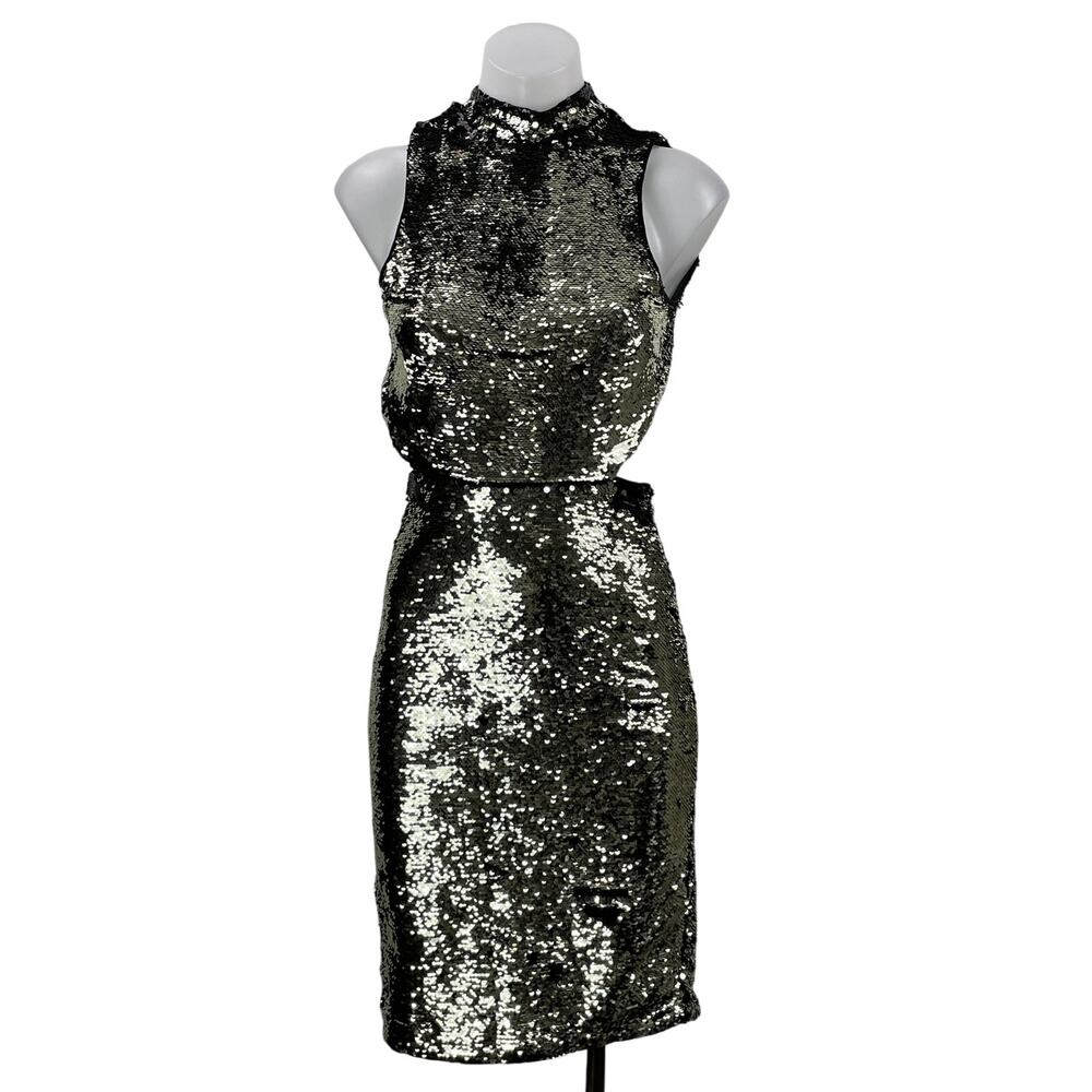 H&M Women's Black Silver Sleeveless Metallic Sequin Cutout Bodycon Midi Dress 4
